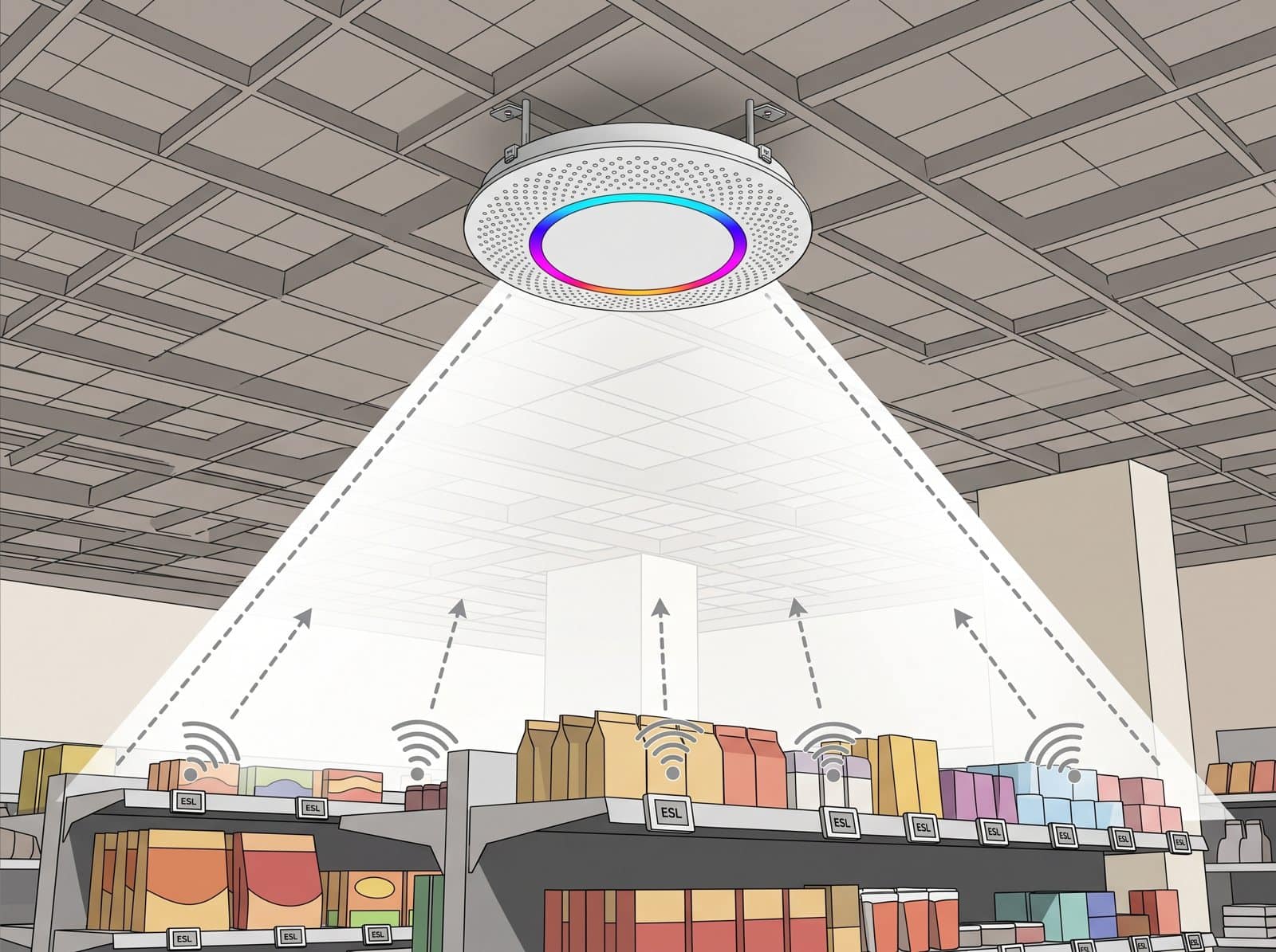 Ilustração de uma estação base no tecto de uma loja a comunicar por rádio com as etiquetas electrónicas nas prateleiras.