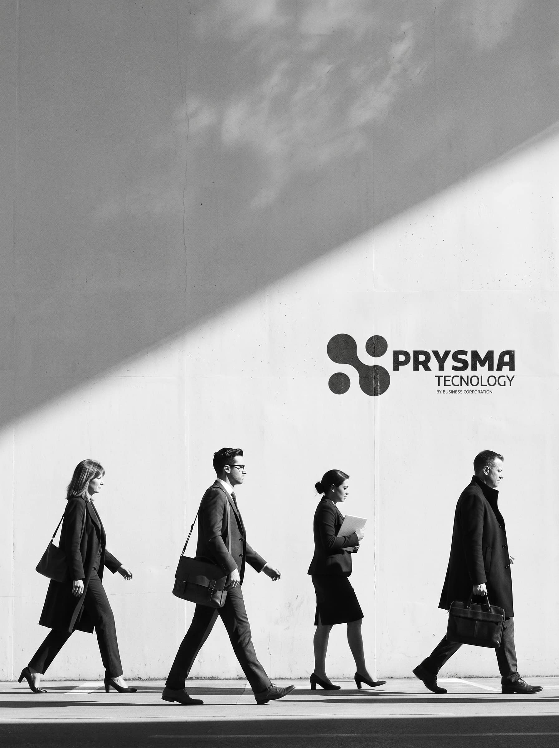 Quatro profissionais de fato a caminhar junto a uma parede iluminada pelo sol, com o logótipo Prysma Tecnology na parede